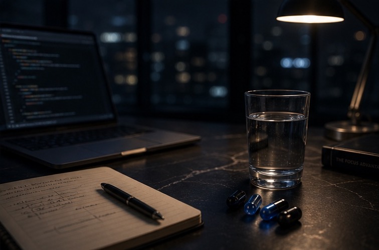 Late-night work desk with capsules